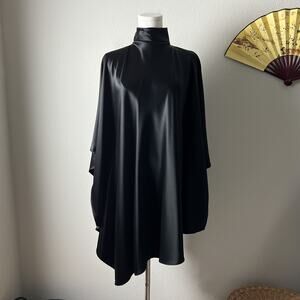 aritzia ten black fan satin mockneck minimalist cape asymmetrical mini dress